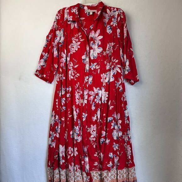 Woman Within dress women 14W Maxi red floral empire waist rayon pockets - Picture 1 of 6